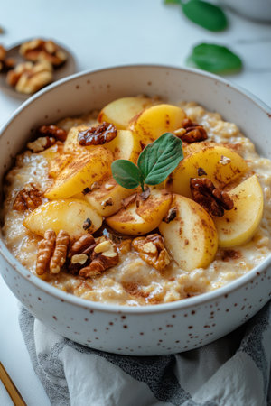 A wholesome breakfast bowl filled with creamy oatmeal, fresh apple slices, and topped with crunchy nuts. Perfect for starting the day with nutrition and flavor.の素材