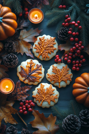 Autumn-themed cookies featuring leaf designs are beautifully arranged with pinecones, berries, and candles, creating a warm and inviting atmosphere for a seasonal celebration.の素材