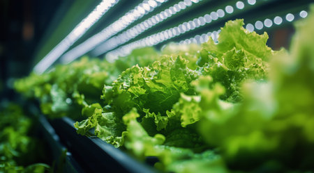 Lush green lettuce grows abundantly in an indoor garden, illuminated by LED lights, showing innovative hydroponic farming techniques for sustainable agriculture.の素材