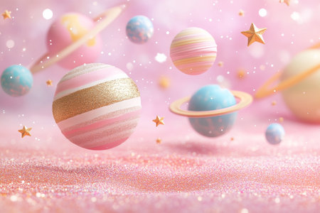 Planets with stripes and glitter, alongside colorful stars, are suspended in a whimsical cosmic setting filled with soft pastel colors and sparkling effects.の素材