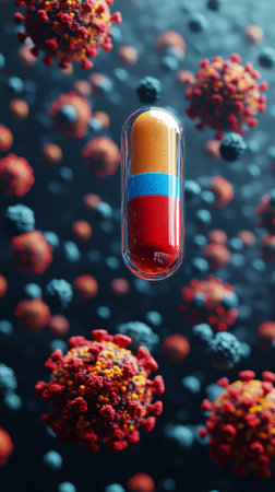 A colorful capsule is suspended in mid-air, surrounded by bright, detailed virus particles and floating capsules. The setting conveys a dynamic representation of medical research.の素材