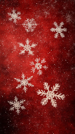 White snowflakes of various shapes are scattered across a vibrant red background, creating a joyful and festive winter vibe ideal for holiday decorations and celebrations.の素材