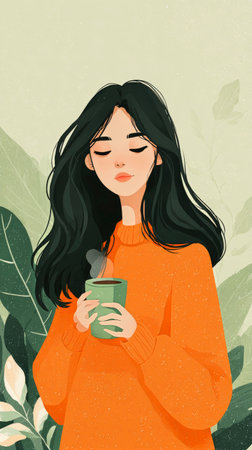 A young woman stands calmly with her eyes closed, holding a warm cup. She wears an orange sweater and is framed by softly colored leaves, creating a tranquil atmosphere.の素材
