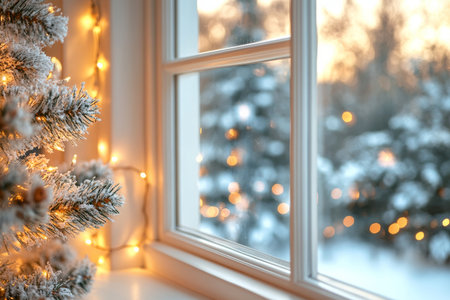 A warmly lit window reveals a snowy landscape with a Christmas tree nearby. Soft glowing lights create a festive ambiance as winter sunlight fades in the background.の素材