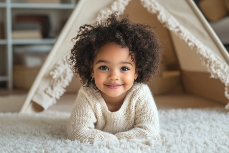 A cheerful toddler with curly hair crawls excitedly inside a cozy tent, enjoying playtime in a beautifully decorated indoor space filled with soft textures and warm colors.の素材