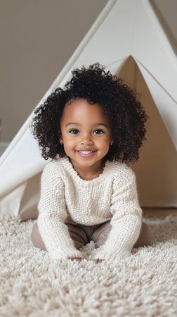 A cheerful young girl with curly hair sits on a soft rug, wearing a knitted sweater and brown pants. She enjoys playtime near a fabric tent in a cozy indoor atmosphere.の素材