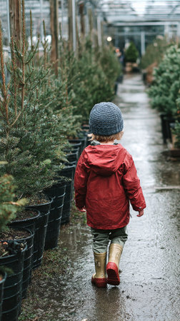 A young child strolls along a muddy path between potted evergreen trees at a tree nursery on a rainy autumn day, wearing a bright red jacket and rubber boots.の素材