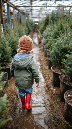 A child walks down a muddy path in a plant nursery, surrounded by potted evergreen trees. The child wears a green jacket and red rubber boots, enjoying the rainy day outdoors.の素材
