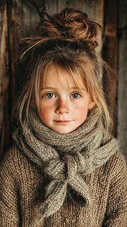 Young girl with beautiful blue eyes poses confidently while wearing a warm, knitted sweater in front of a textured wooden background. Soft lighting enhances the charming atmosphere.の素材