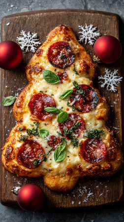 A creative pizza design reminiscent of a Christmas tree, topped with melted cheese, pepperoni slices, and fresh herbs. Perfect for festive gatherings and holiday celebrations.の素材