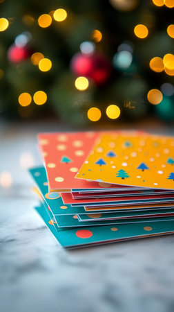 Brightly colored greeting cards featuring playful designs are arranged on a shiny marble surface. Softly glowing holiday lights create a warm, festive atmosphere.の素材