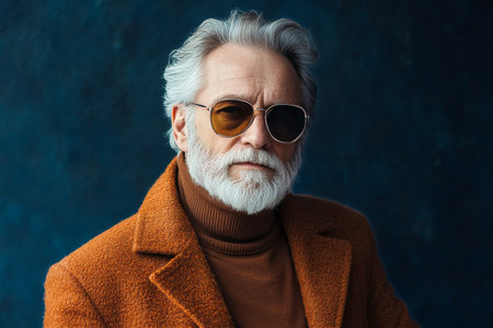 An older man poses confidently in a warm brown coat and turtleneck. He wears sunglasses and has gray hair and a beard, with a textured blue backdrop enhancing his sophisticated look.の素材