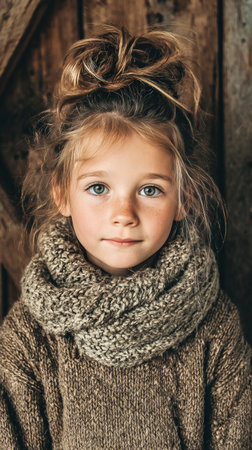 A young girl with light brown hair and striking blue eyes stands in front of a rustic wooden backdrop. She wears a thick, knitted scarf and a cozy sweater, radiating warmth.の素材