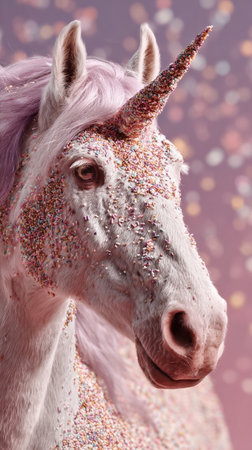 A unicorn adorned with vibrant sprinkles stands majestically against a soft pastel backdrop, radiating enchantment and whimsy. Its golden horn glitters beautifully in the light.の素材