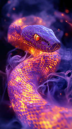 A vibrant serpent with scales displaying shades of purple and orange rests on a dark surface. Its glowing patterns create a surreal ambiance, enhancing its mystique during twilight.の素材