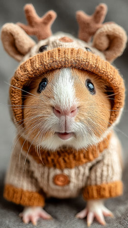 A guinea pig dressed in a cozy brown sweater and a knitted hat with antlers sits on a soft surface, creating a heartwarming winter moment.の素材