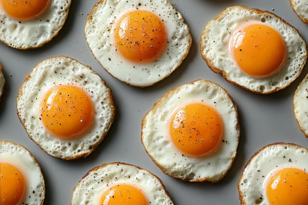 Sunny side up eggs are arranged in a neat pattern on a gray surface, showing their bright yellow yolks and white edges sprinkled with black pepper, evoking a morning breakfast vibe.の素材