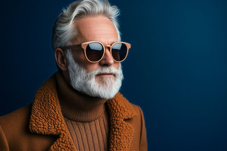 An older man poses confidently in a warm brown coat and turtleneck. He wears sunglasses and has gray hair and a beard, with a textured blue backdrop enhancing his sophisticated look.の素材