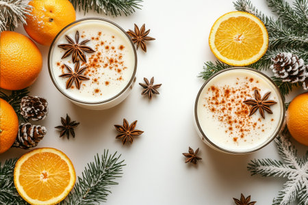 Two glasses filled with creamy winter beverage sit among fresh oranges, pine branches, and spices, creating a cozy atmosphere perfect for a festive celebration.の素材