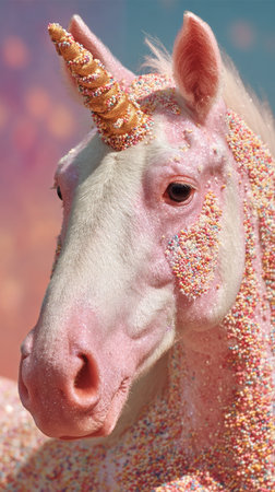 A unicorn adorned with vibrant sprinkles stands majestically against a soft pastel backdrop, radiating enchantment and whimsy. Its golden horn glitters beautifully in the light.の素材