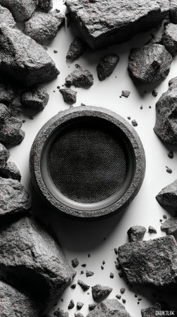 A speaker is set within a backdrop of broken concrete, merging modern audio technology with raw, industrial aesthetics. Shadows enhance the unique visual contrast.の素材