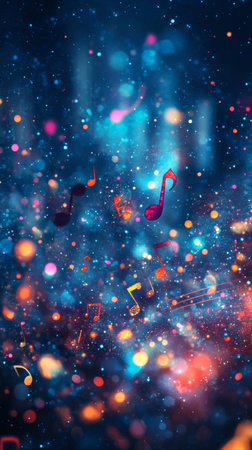 Vibrant music notes float amidst a colorful, galaxy-inspired background full of bright lights and energy, creating a lively nighttime atmosphere perfect for celebrations.の素材