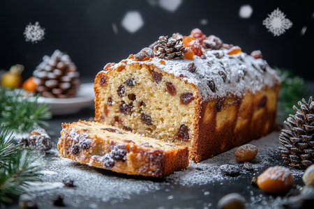 A beautifully baked cake sits on a dark surface, adorned with powdered sugar and various dried fruits. Pinecones and green decor enhance the winter atmosphere of the setting.の素材