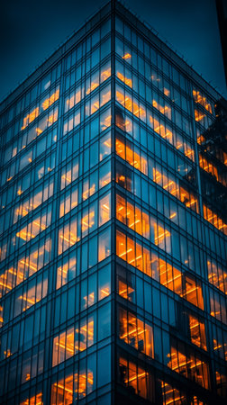 A contemporary glass structure showcases warm orange lights against a blue backdrop at night. Surrounding trees display colorful autumn leaves, enhancing the urban landscapes beauty.の素材