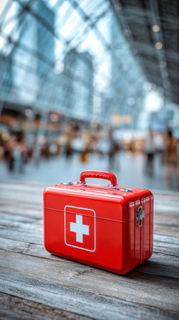 A red medical suitcase with a white cross design is placed on a wooden surface in a busy urban area. Tall buildings and people are visible in the background on a sunny day.の素材