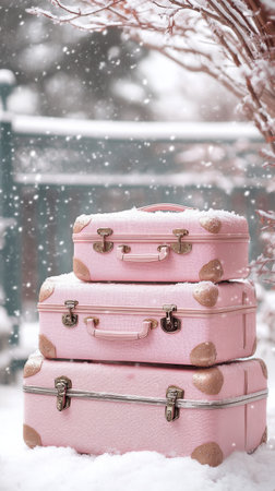 Three vintage pink suitcases stacked together sit on a snowy ground while snowflakes gently fall around them. A serene winter atmosphere enhances their charming appearance.の素材