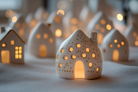 Small ceramic houses with holes allowing warm light to shine through are arranged on a table, creating a cozy winter ambiance perfect for festive gatherings.の素材