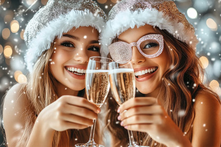 Two friends raise their glasses filled with sparkling drinks, smiling joyfully while wearing festive hats. A background of blurred lights creates a cheerful New Years Eve atmosphere.の素材