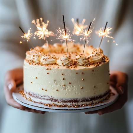 A delicious cake adorned with sprinkles and topped with sparklers is being held by a person in a cozy environment, likely during a celebration such as a birthday or anniversary.の素材