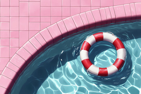 A bright red and white lifebuoy is positioned on pink tiled flooring next to a sparkling blue swimming pool under clear skies, capturing a tranquil summer vibe.の素材