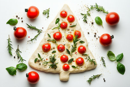 Dough is shaped and topped with fresh tomato slices and herbs on a kitchen countertop surrounded by flour. A culinary delight is being created for pizza lovers.の素材