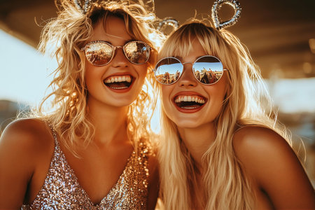 Two friends laugh joyfully during a beach gathering. The sun sets, casting warm light on their sparkling outfits and sunglasses reflecting the lively atmosphere around them.の素材