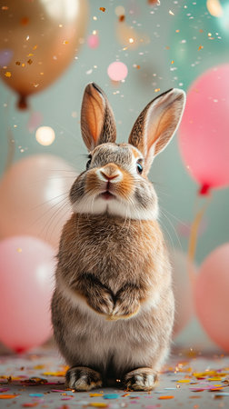 A fluffy rabbit stars curiously at the camera, surrounded by bright balloons and colorful confetti. The cheerful atmosphere highlights the joyous celebration taking place.の素材