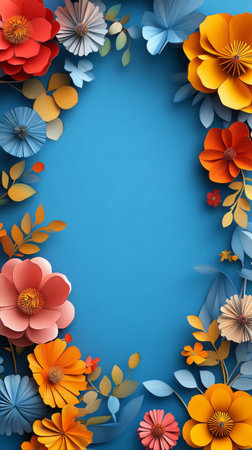 A collection of intricately crafted paper flowers in red, blue, yellow, and orange is arranged in a decorative frame against a blue backdrop, showing creativity and craftsmanship.の素材