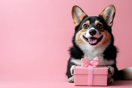 A cheerful corgi smiles while sitting next to a pastel pink gift box adorned with a ribbon. The playful atmosphere highlights the dogs lively spirit against the bright pink backdrop.の素材
