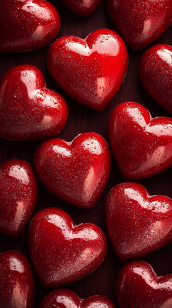 A collection of shiny red hearts with glitter arranged neatly on a dark surface. These hearts can be used for decorations, gifts, or events celebrating love and affection.の素材