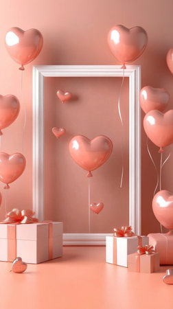 Vibrant heart-shaped balloons in various sizes and colors are showcased on a soft pink background, perfect for celebrations, events, or romantic gatherings.の素材
