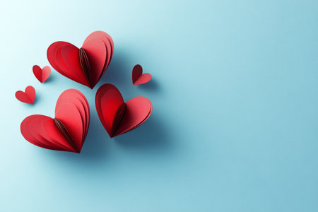 Bright red paper hearts of various sizes are artistically arranged on a pale blue surface, perfect for occasions celebrating love or friendship.の素材