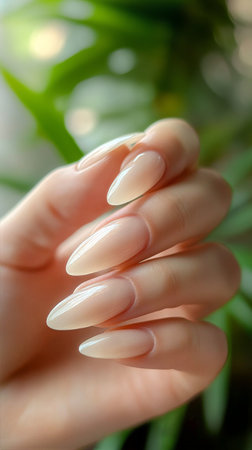 A delicate hand showcases long, natural nails with a subtle shine against a backdrop of vibrant green foliage. The setting suggests a relaxed, refreshing atmosphere.の素材