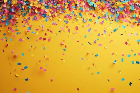 Brightly colored confetti in pink, blue, and yellow is scattered across a vibrant yellow background, creating a joyful atmosphere ideal for celebrations and parties.の素材