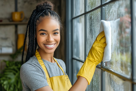 A woman wearing yellow gloves and an apron joyfully cleans a window, showing her bright smile. The vibrant indoor area features plants and a warm ambiance.の素材