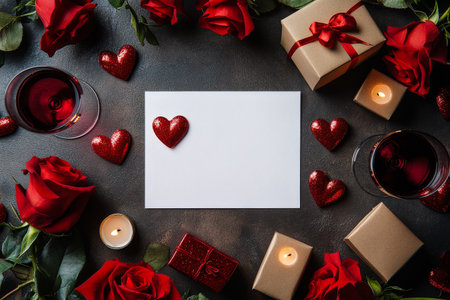 Red roses, candles, and carefully wrapped gifts surround an empty note, setting a romantic ambiance for love letters or heartfelt messages on a special day.の素材