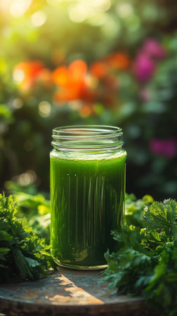 A glass jar filled with vibrant green smoothie sits on a wooden surface, surrounded by fresh vegetables. Sunlight filters through greenery, creating a warm, inviting atmosphere.の素材
