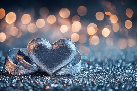 A shiny silver heart rests on a sparkling surface, illuminated by blurred festive lights. This romantic display captures the essence of love and celebration during special occasions.の素材