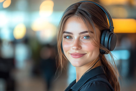 A young woman enjoys listening to music with headphones while smiling at the busy airport in the late afternoon. She appears relaxed amidst the travel crowd and excitement.の素材