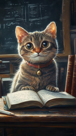 A curious orange tabby cat rests on an open book surrounded by stacks of books in a cozy library. A blackboard with writing is visible in the background, creating a warm atmosphere.の素材